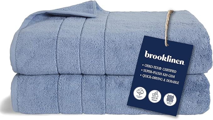 Brooklinen Super-Plush Turkish Cotton Bath Sheets Set of 2 Cotton, 820 GSM, Highly Absorbent, Machine Washable, Perfect for Home & Bathroom (40" x 65", Ocean Blue)