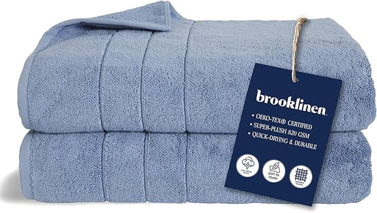 Brooklinen Super-Plush Turkish Cotton Bath Sheets Set of 2 Cotton, 820 GSM, Highly Absorbent, Machine Washable, Perfect for Home & Bathroom (40" x 65", Ocean Blue)