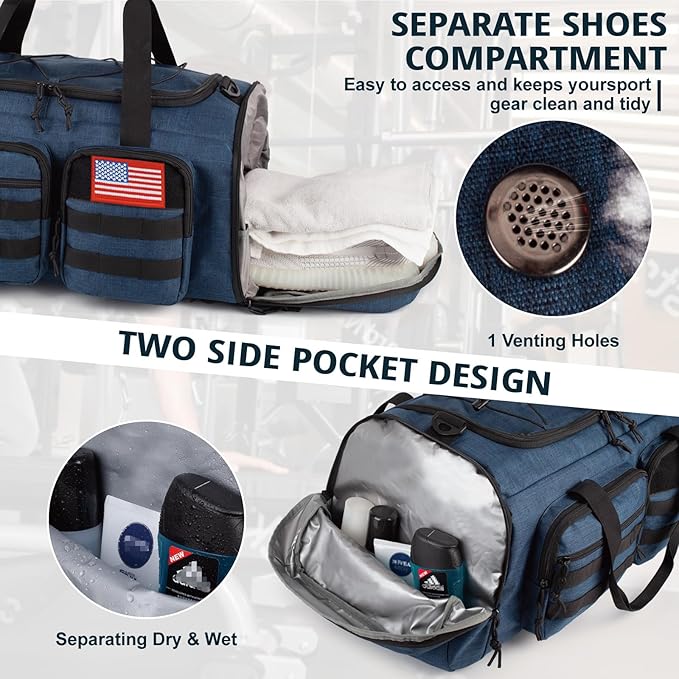 Tactical Gym Bag for Men，50L Large 3 in 1 Sports Duffle Bag with Shoes Compartment for Travel,Water Resistant Travel Backpack Weekender Overnight Bag with Wet Pocket for Women