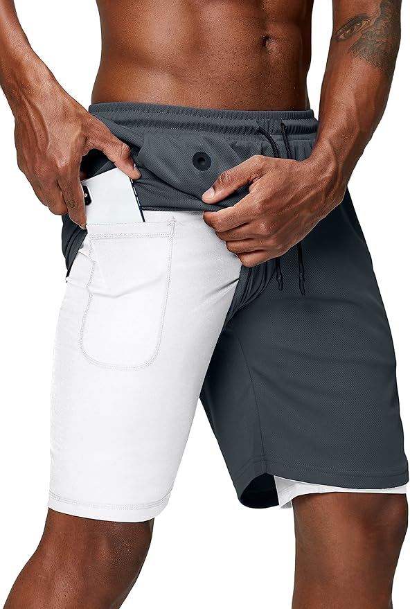 Pinkbomb Men's 2 in 1 Running Shorts Gym Workout Quick Dry Mens Shorts with Phone Pocket