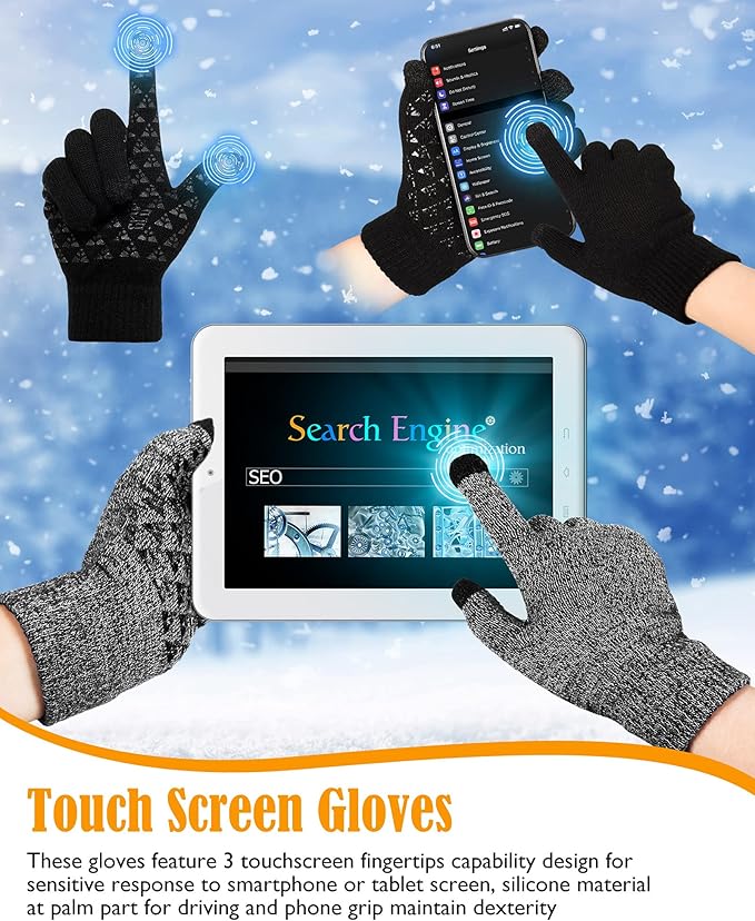 SATINIOR 4 Pairs Winter Gloves for Men Knit Warm Lining Cold Weather Gloves with Anti Slip Grips Touch Screen Texting Mittens