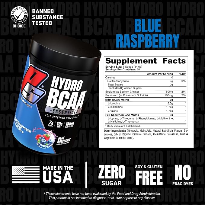 PROSUPPS HydroBCAA Essential Amino Acids Powder, Blue Raspberry - Workout Supplement with BCAA, EAAs & Electrolytes for Hydration & Recovery - Stimulant-Free, Soy & Gluten-Free - 30 Servings