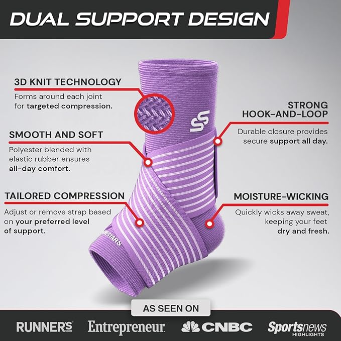 Sleeve Stars Ankle Brace for Women & Men, Ankle Wrap for Sprain, Compression Sleeve for Plantar Fasciitis Relief, Easy Customizable Support: w/ Removable Strap (Single/M:10"-12"/Light Purple)