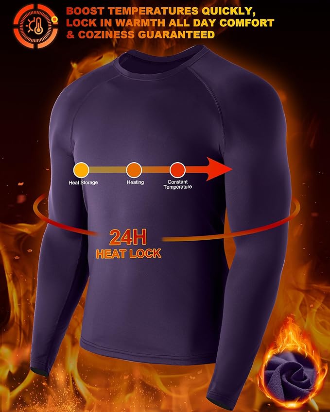 Mens Thermal Compression Shirts, Warm Long Sleeve Fleece Lined Tops Athletic Base Layer for Running Cold Weather