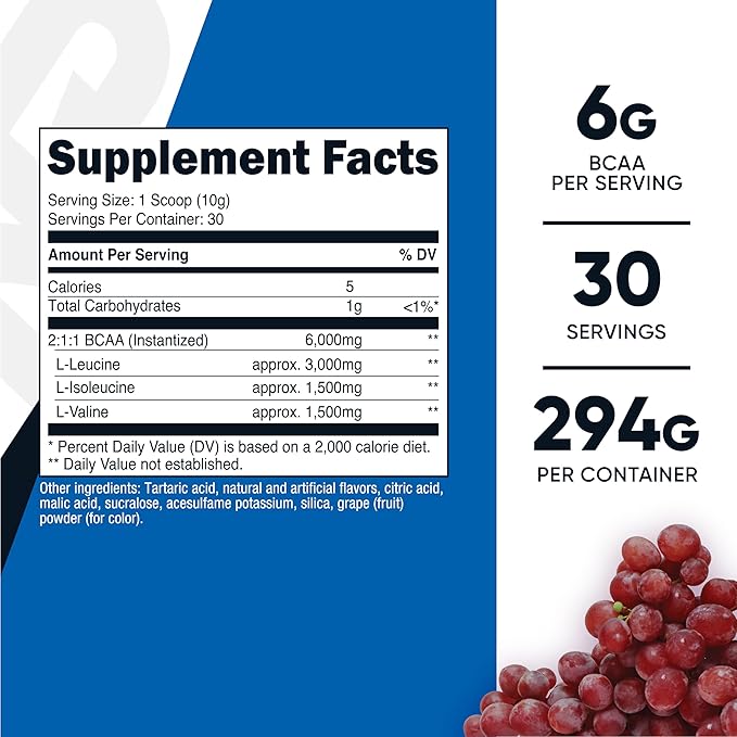 Nutricost BCAA Powder (Grape, 30 Servings) - Optimal 2:1:1 Ratio, Vegetarian, Non-GMO