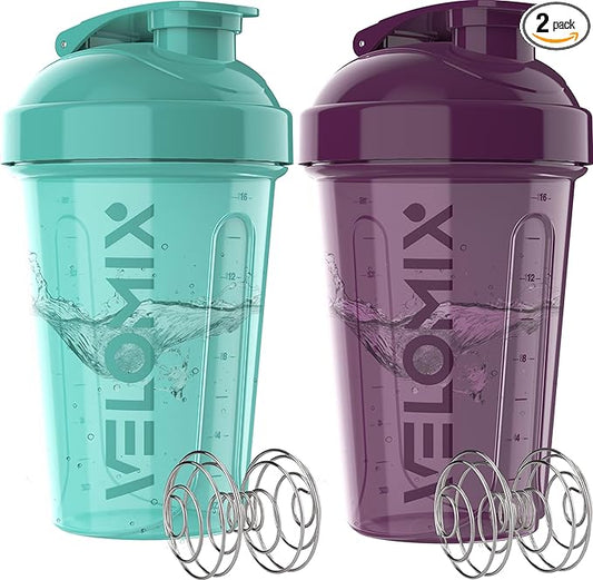 VELOMIX -2 Pack- 20 oz Protein Shaker Bottles for Protein Mixes - 2x Wire Whisk | Leak Proof Shaker Cups for Protein Shakes and Pre Workout | Protein Shaker Bottle Pack (Midnight Aqua)