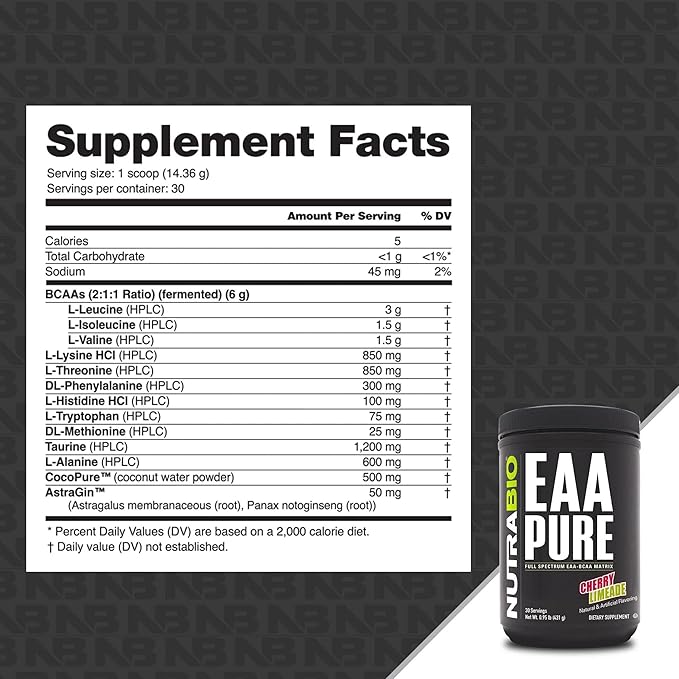 NutraBio – EAA Pure – 9 Amino Acids – Muscle Repair and Recovery, 30 Servings, Cherry Limeade – Pre or Post Workout – All Day Recovery