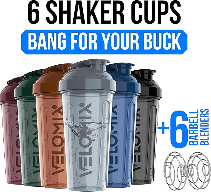 VELOMIX -6 PACK- 28 OZ Protein Shaker Bottles for Protein Mixes, Shaker Cups for Protein Shakes, Small Shaker Bottle Pack, Shaker Cup, Shakers for protein Shakes (Solid Line)