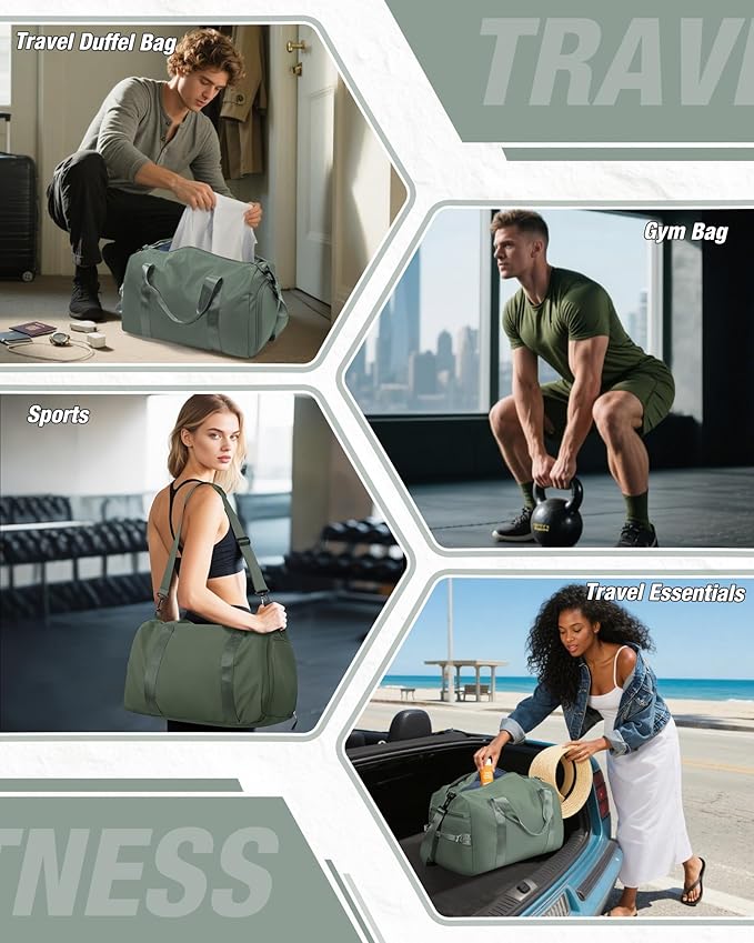 Gym Duffle Bag for Women Carry on Luggage Travel Essentials Airline Approved Personal Item 18x14x8 Inches Lightweight Weekender Sports Travel Duffel Bag with Shoe Compartment Wet Pocket Men Green