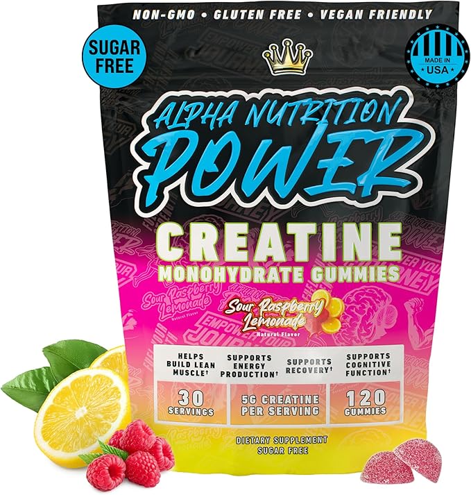 Creatine Monohydrate Gummies 5g - Sour Raspberry Lemonade Flavored Creatine for Men and Women - Supplement Supports Muscle Growth, Energy, Pre and Post Workout, Focus & Cognition, Recovery (120 Count)