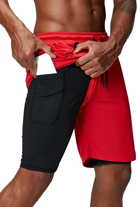 Pinkbomb Men's 2 in 1 Running Shorts Gym Workout Quick Dry Mens Shorts with Phone Pocket
