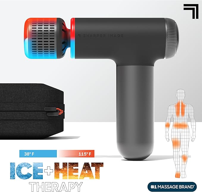 Sharper Image® Powerboost® Pro+ Hot & Cold Compact Deep Tissue Massage Gun - 6 Speed, 4 Attachments, Travel Case| Soothing Heat & Cold Therapy| Portable Lightweight Full Body Shoulder & Back Massager
