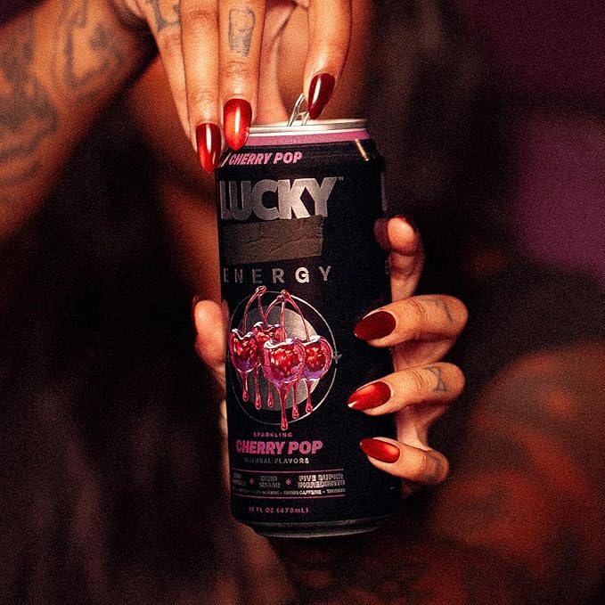 Lucky Energy Sugar Free Energy Drinks, Cherry Pop, 16oz Cans (12-Pack) Healthy, Zero Sugar Energy Drink with Maca, Ginseng, Beta-Alanine, Taurine & 200mg Caffeine