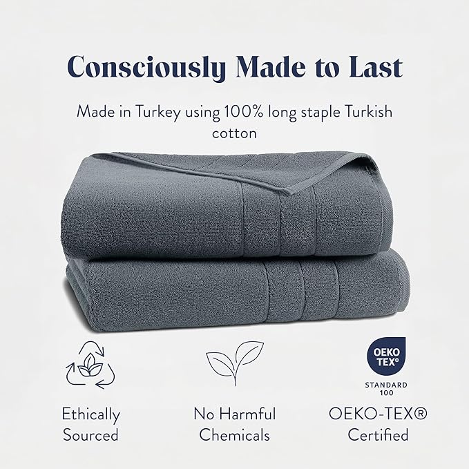 Brooklinen Super-Plush Turkish Cotton Bath Sheets Set of 2 Cotton, 820 GSM, Highly Absorbent, Machine Washable, Perfect for Home & Bathroom (40" x 65", Slate Grey)