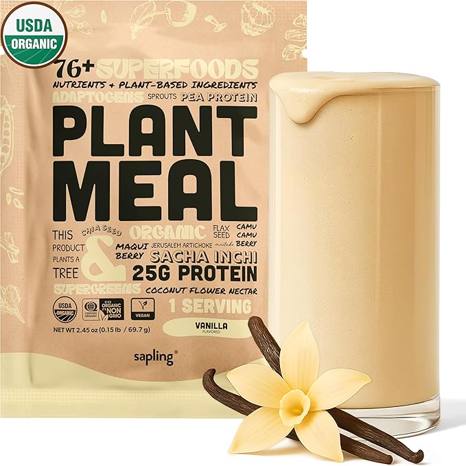 Plant Meal Replacement Shake - Vanilla - 25g of Plant Based Vegan Protein Powder, 76+ Organic Superfoods, Vitamins & Minerals, Mushrooms, Super Greens, Digestive Enzymes & Probiotics - 1 Serving