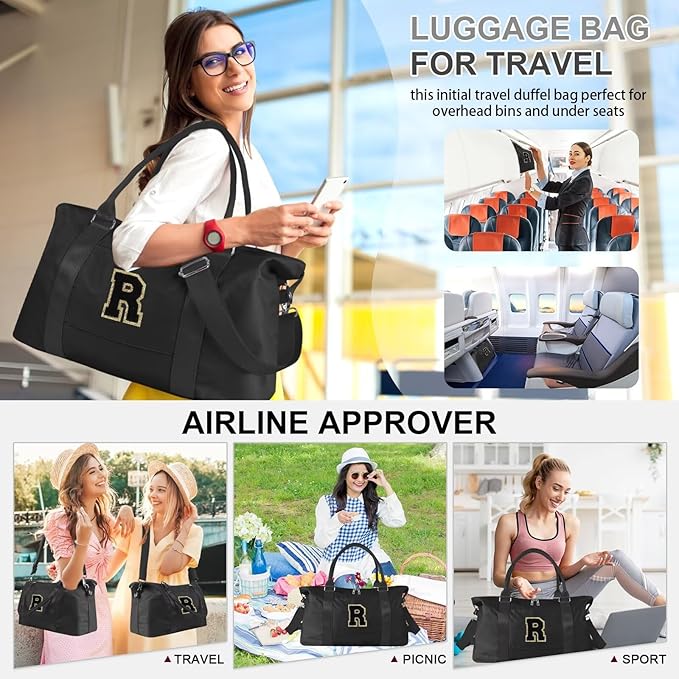 Dance Gym Duffel Bag for Teen Girls, Personalized Initial Travel Weekender Bag,Cute Overnight Carry On Duffle for Women,Sports Travel Cheer Bag,Monogram Christmas Gifts for Tween Preppy(black-R)