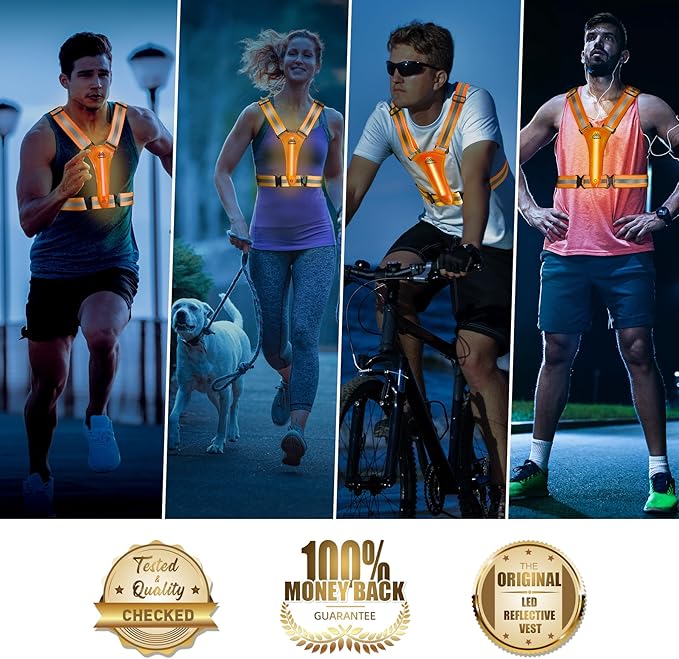 LED Reflective Vest Safety Gear, Light Up Vest for Night Walking Cycling, High Visibility Running Vest with Reflective Strips