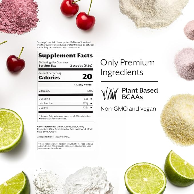 Promix BCAA Post-Workout Energy Powder - 5g Micronized BCAAs, Sugar Free, Plant Based, Vegan, Keto - Cherry Lime - 30 Servings (Pack of 1)
