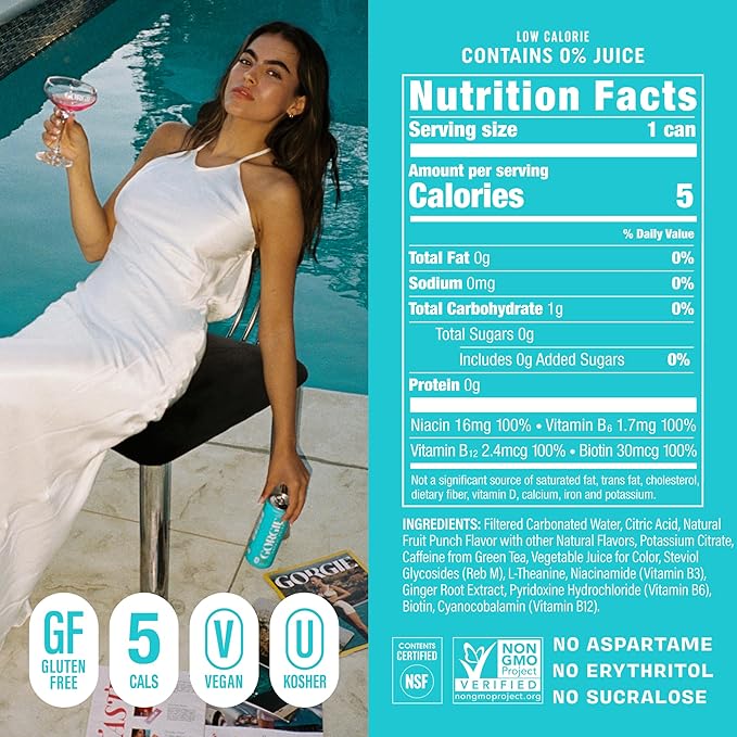 GORGIE Sugar Free Natural Energy Drinks, Sparkling Paradise Punch (12 Pack) - Healthy Energy Drinks - Natural Coffee Replacement with Green Tea Caffeine and Biotin - 150mg Caffeine, Vegan, Low Calorie