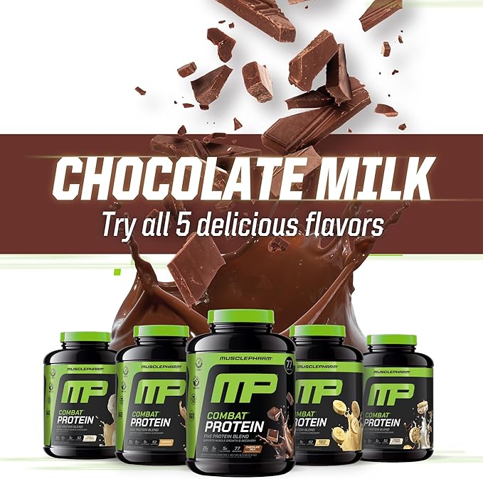 MusclePharm Combat Protein Powder, Chocolate Milk Flavor, Fuels Muscles for Productive Workouts, 5 Protein Sources Including Whey Protein Isolate & Egg Albumin, Gluten Free, 6.2 lb, 77 Servings