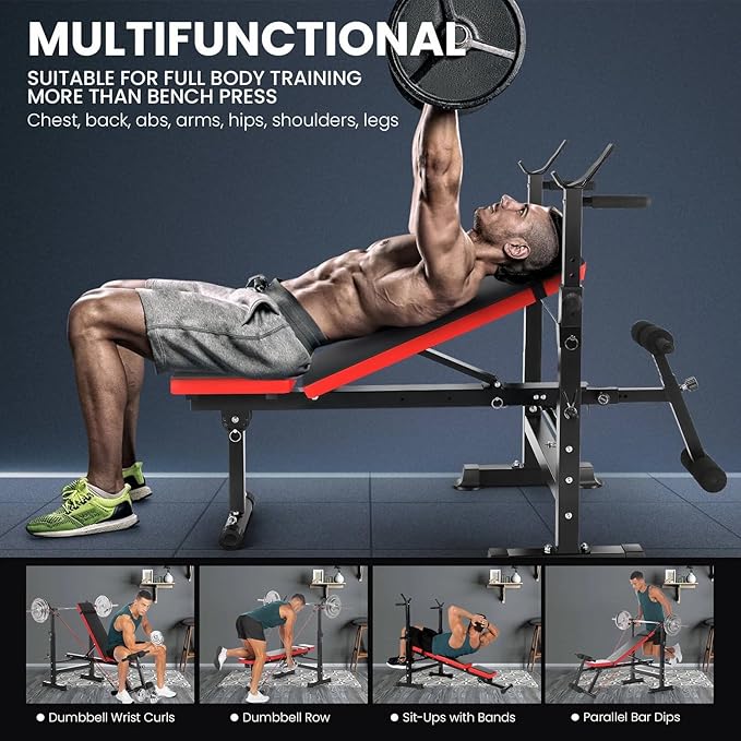 OPPSDECOR 6 in 1 Adjustable Weight Bench with Squat Rack and Removable Foot Bracket, 600lbs Bench Press Set Workout Bench with Weight Storage Sit up Incline Flat Decline Strength Training for Home Gym