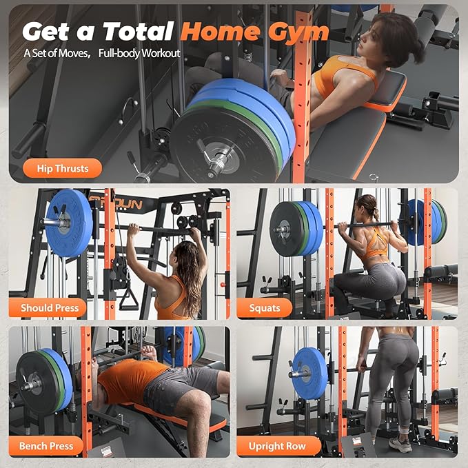 FEIERDUN Smith Machine Deadlift Power Cage FOR01,2200lbs Squat Rack for Home Gym,Dual LAT Pull Down & Cable Crossover Machine with Leg Hold-Down Attachment