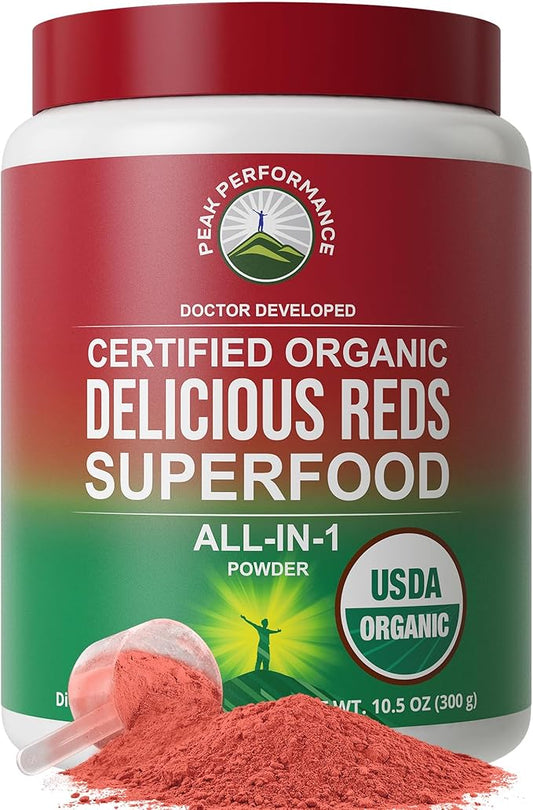 Peak Performance Organic Reds Superfood Powder, Best Tasting Organic Red Juice Super Food w/ 25+ All Natural Ingredients & Polyphenols, Vital for Max Energy and Detox. Raspberry, Elderberry, Beetroot