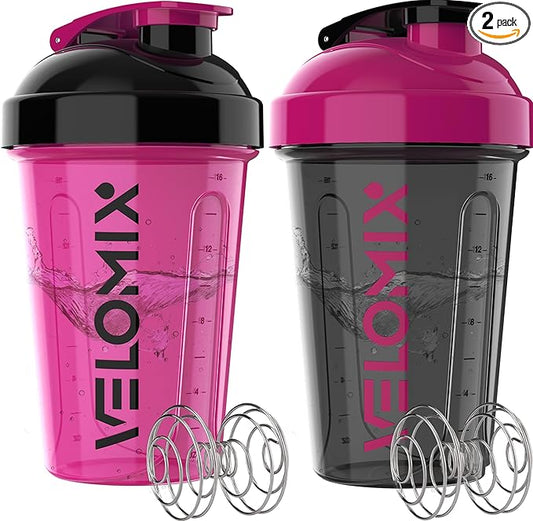 VELOMIX -2 Pack- 20 oz Protein Shaker Bottles for Protein Mixes - 2x Wire Whisk | Leak Proof Shaker Cups for Protein Shakes and Pre Workout | Protein Shaker Bottle Pack (Black/Pink)