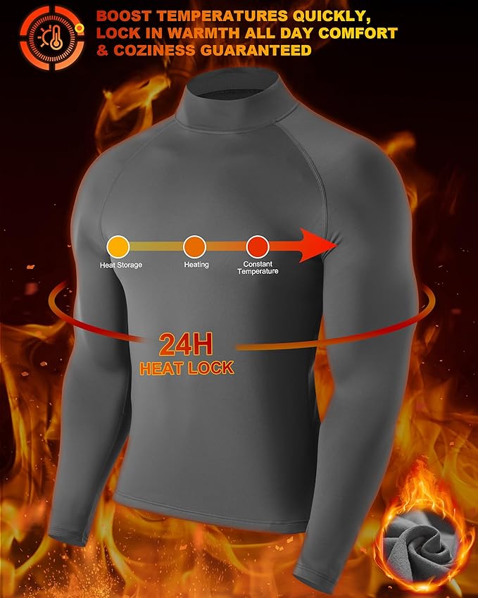 Men's Thermal Compression Shirts, Long Sleeve Fleece Lined Turtleneck Undershirt, Cold Weather Ski Base Layer Tops
