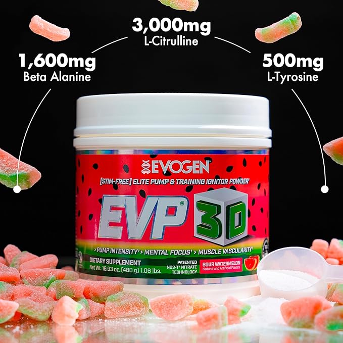 Evogen EVP 3D - Stim Free Pre Workout Powder for Men & Women | Sugar Free Non Stim Preworkout with Beta Alanine and Creatine for Energy & Pump | Sour Watermelon | 40 Servings