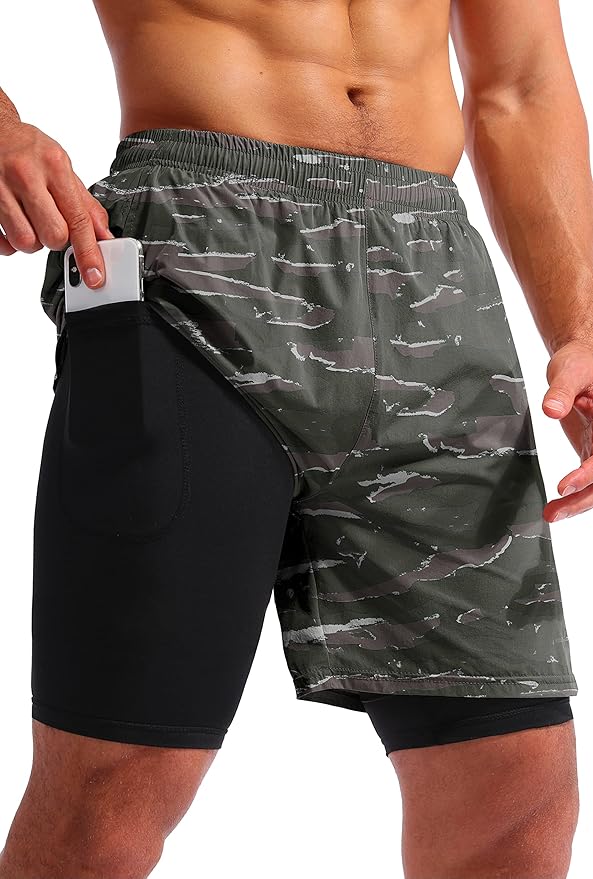 Pudolla Men’s 2 in 1 Running Shorts 5" Quick Dry Gym Athletic Workout Shorts for Men with Phone Pockets
