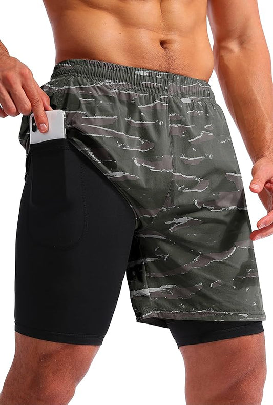 Pudolla Men’s 2 in 1 Running Shorts 5" Quick Dry Gym Athletic Workout Shorts for Men with Phone Pockets