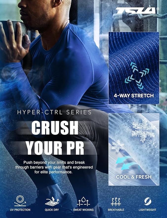 TSLA Men's UPF 50+ Compression Shirts, Cool Dry Long Sleeve Athletic Tops, Sports Baselayer Workout Shirt