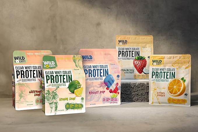 WILD SOCIETY - Clear Whey Protein + Electrolytes - Refreshing Whey Protein Isolate Powder - 20g Protein, 0 Added Sugar, GMO-Free, Natural Flavors & Colors - Citrus Punch, 16 oz