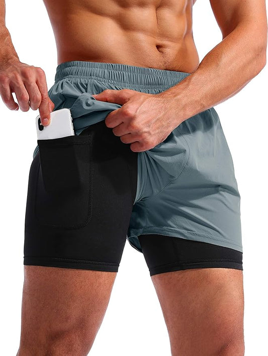 Pudolla Men’s 2 in 1 Running Shorts 5" Quick Dry Gym Athletic Workout Shorts for Men with Phone Pockets