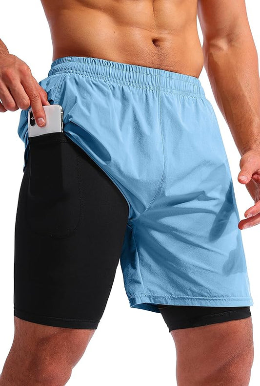 Pudolla Men’s 2 in 1 Running Shorts 5" Quick Dry Gym Athletic Workout Shorts for Men with Phone Pockets