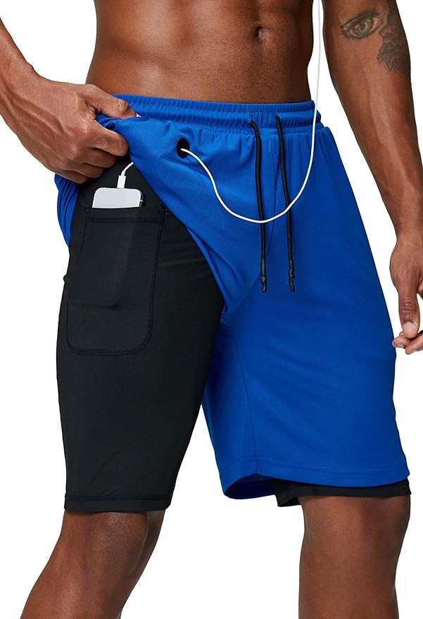 Pinkbomb Men's 2 in 1 Running Shorts Gym Workout Quick Dry Mens Shorts with Phone Pocket