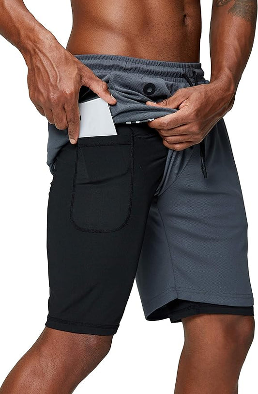 Pinkbomb Men's 2 in 1 Running Shorts Gym Workout Quick Dry Mens Shorts with Phone Pocket