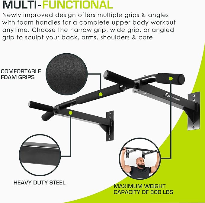 ProsourceFit Wall-Mounted Pull-Up/Chin-Up Bar, Heavy Duty 300 lb. Capacity, Black