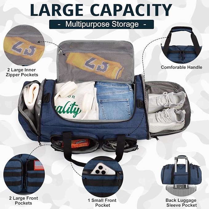 Tactical Gym Bag for Men，50L Large 3 in 1 Sports Duffle Bag with Shoes Compartment for Travel,Water Resistant Travel Backpack Weekender Overnight Bag with Wet Pocket for Women