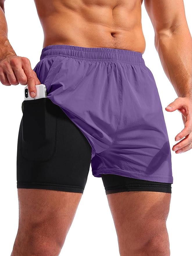 Pudolla Men’s 2 in 1 Running Shorts 5" Quick Dry Gym Athletic Workout Shorts for Men with Phone Pockets