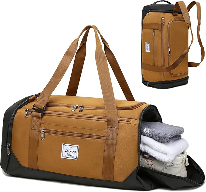 Laripwit Gym Bags for Men, 40L Medium Sports Travel Duffel Bag with Shoe Compartment & Wet Pocket Lightweight Gym Duffle Bag Backpack Multipurpose Weekender Overnight Backpack for Women, Brown