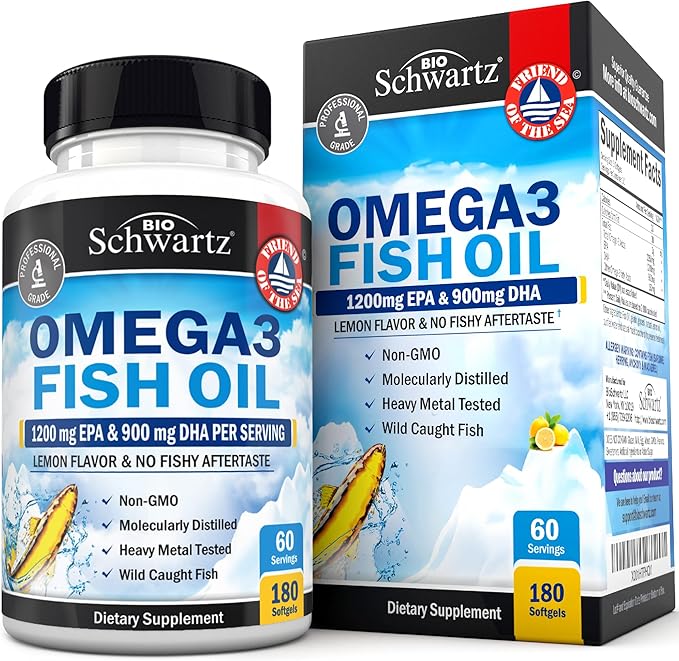 Triple Strength Omega 3 Fish Oil Supplement - 2250mg EPA DHA Omega 3 Fatty Acids from Fresh Wild Caught Fish, Burpless Lemon Flavor Formula Supports Eye Health and More, Gluten Free, 180 Softgels