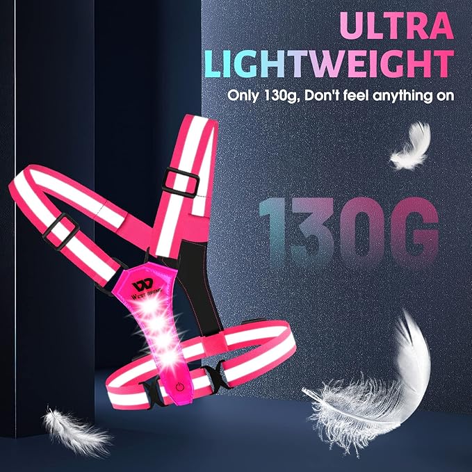 West Biking Running Vest Light - Led Running Reflective Gear for Walking at Night, High Visibility Night Rechargeable Light Up Running Vest, Adjustable Running Lights for Runners