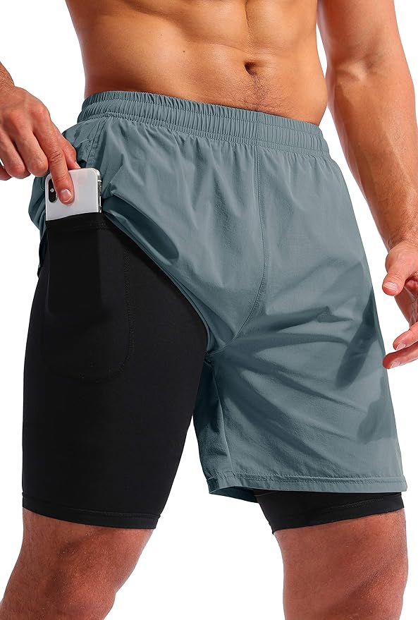 Pudolla Men’s 2 in 1 Running Shorts 5" Quick Dry Gym Athletic Workout Shorts for Men with Phone Pockets