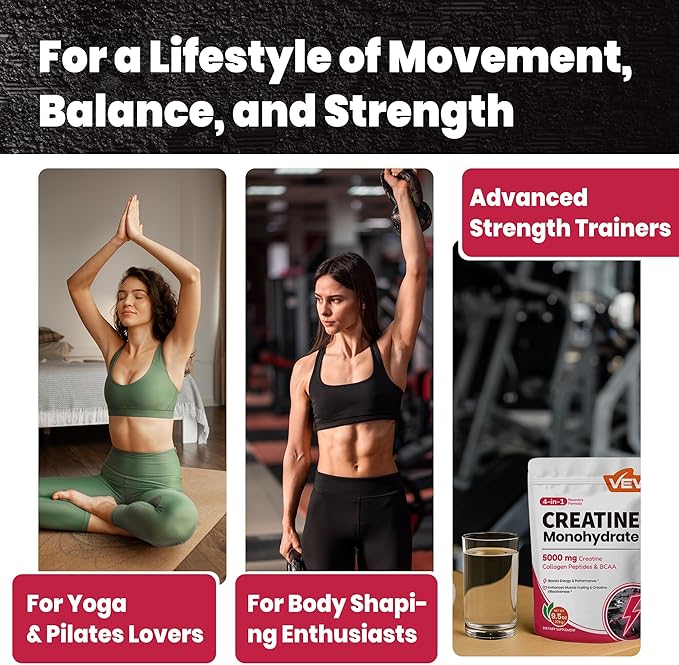 VEV Creatine Monohydrate for Women Powder 5000mg with Collagen & BCAAs 2:1:1 – Creatina para Mujeres, Supports Muscle Definition, Recovery & Energy – Unflavored, Sugar-Free, 9.5oz, 30 Servings