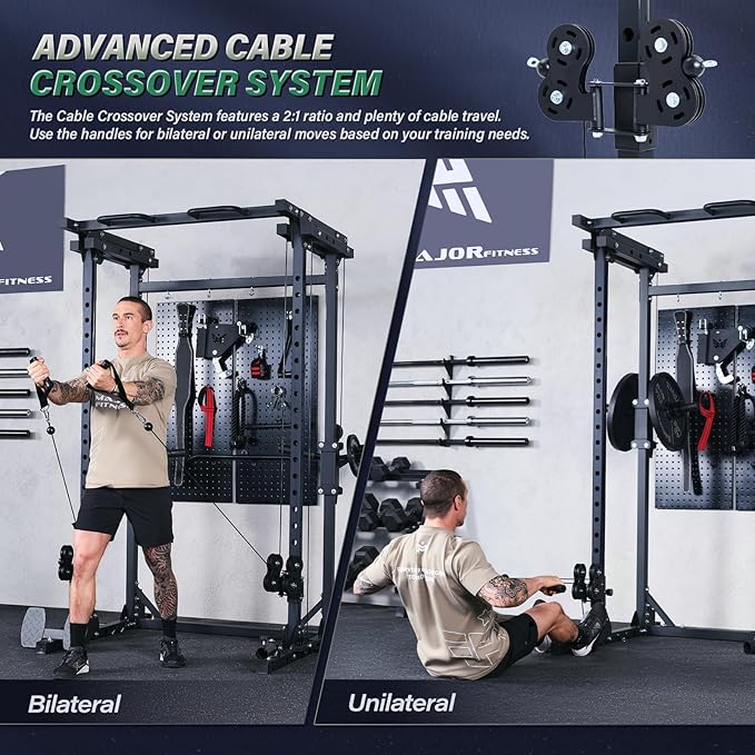 MAJOR FITNESS Drone3 Power Rack, Multi-Function Home Gym Squat Rack with Pull-Up Bar, Cable Crossover & J-Hooks, Heavy-Duty Steel Frame for Maximum Stability & Strength Training