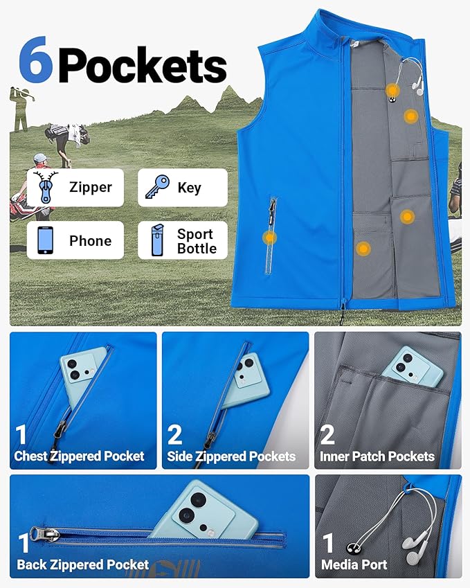 Outdoor Ventures Men's Windproof Softshell Vest Outerwear Lightweight Sleeveless Jacket for Running Golf Hiking Travel