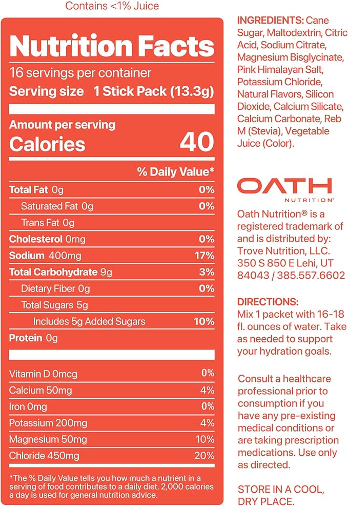 Oath Nutrition Hydration Electrolyte Powder, Complete Electrolyte Blend for Rapid Hydration and Muscle Support, 16 Single-Serve Packets, Strawberry Key Lime