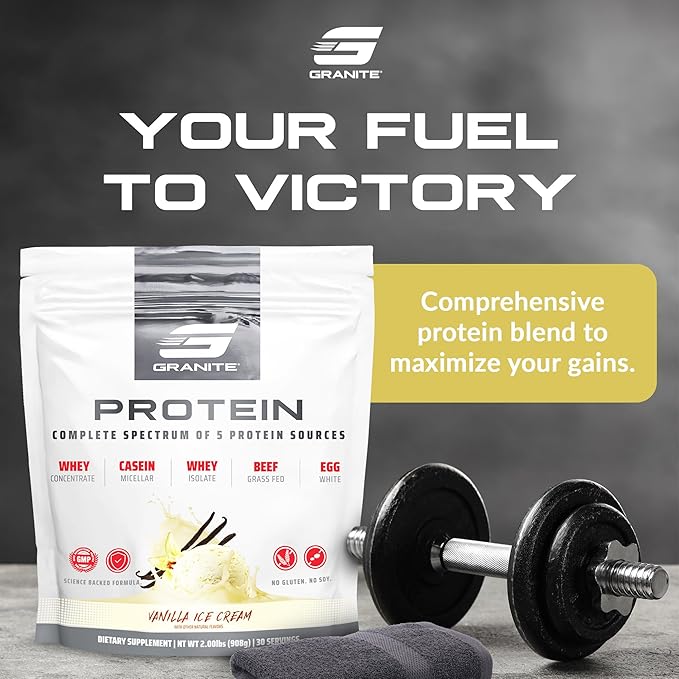Granite Nutrition Protein Powder - Premium 5-Source Blend (Whey, Casein, Egg, Grass-Fed Beef) for Lean Muscle and Recovery - Vanilla Ice Cream, 30 Servings